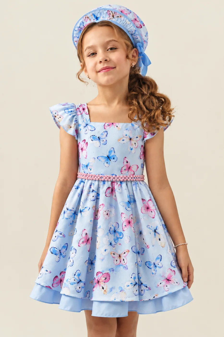 Vestido e Chapéu Infantil Borboletas Menina Pirilampo Kids Azul Pastel