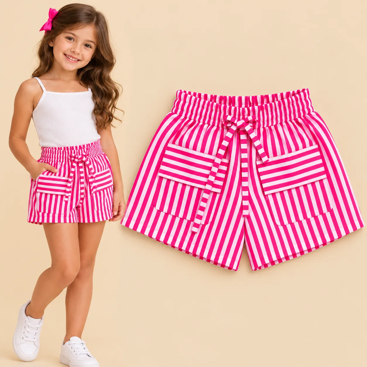 Short Listrado Feminino Infantil Rosa Pink